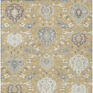 Homeroots 3' Artichoke Green Brown Ivory Damask Washable Area Rug For Indoor Outdoor Spaces, Durable Design 8' X 10' Polyester 599415