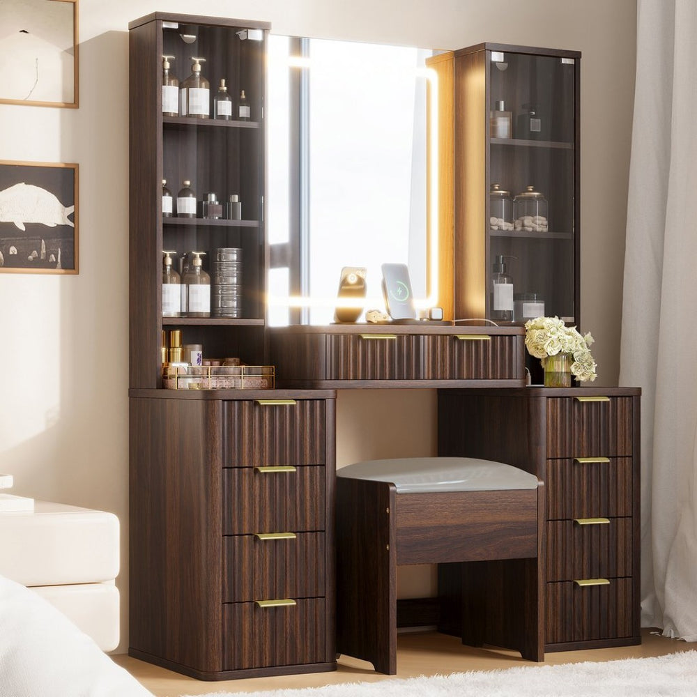 English Elm 43.5" Fluted Makeup Vanity with Led Mirror Glass Top Gold Hardware and Storage Stool Brown N704G202305P