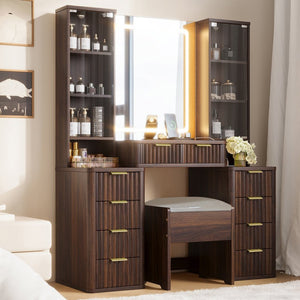 English Elm 43.5" Fluted Makeup Vanity with Led Mirror Glass Top Gold Hardware and Storage Stool Brown N704G202305P