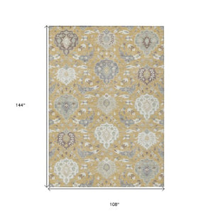 Homeroots 3' Artichoke Green Brown Ivory Damask Washable Area Rug For Indoor Outdoor Spaces, Durable Design 9' X 12' Polyester 599416