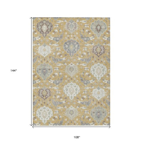 Homeroots 3' Artichoke Green Brown Ivory Damask Washable Area Rug For Indoor Outdoor Spaces, Durable Design 9' X 12' Polyester 599416