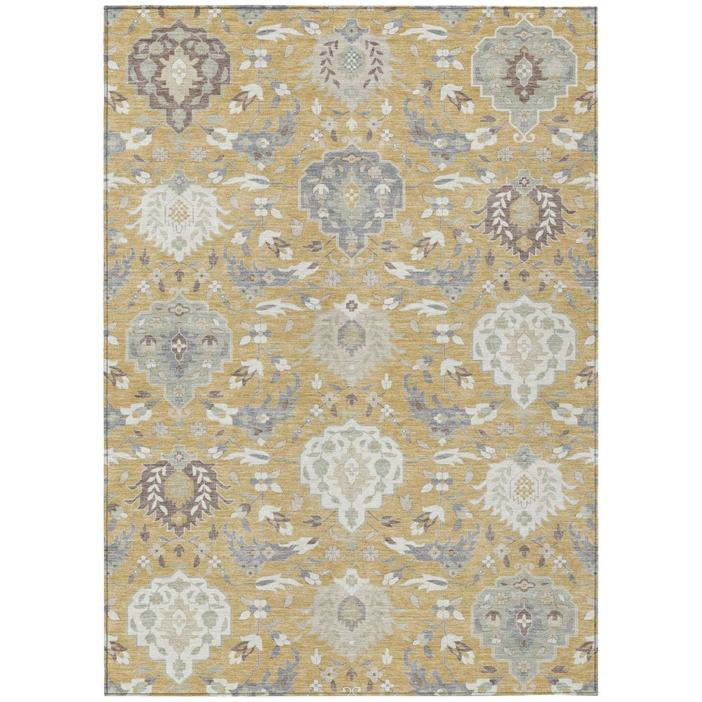 HomeRoots 9' X 12' Gold Ivory Gray Damask Area Rug - Stylish Washable Indoor Outdoor Rug for High-Traffic Spaces 599416