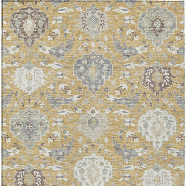 Homeroots 3' Artichoke Green Brown Ivory Damask Washable Area Rug For Indoor Outdoor Spaces, Durable Design 10' X 14' Polyester 599417