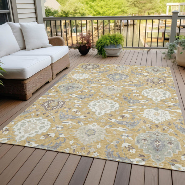 Homeroots 3' Artichoke Green Brown Ivory Damask Washable Area Rug For Indoor Outdoor Spaces, Durable Design 10' X 14' Polyester 599417