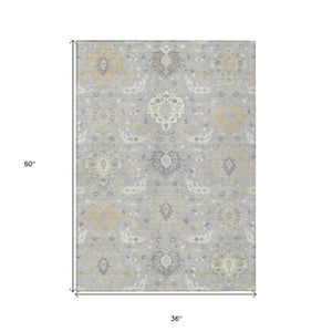 Homeroots 3' Artichoke Green Brown Ivory Damask Washable Area Rug For Indoor Outdoor Spaces, Durable Design 3' X 5' Polyester 599418