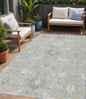 Homeroots 3' Artichoke Green Brown Ivory Damask Washable Area Rug For Indoor Outdoor Spaces, Durable Design 5' X 8' Polyester 599419