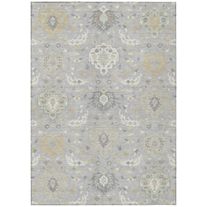 HomeRoots 5' Elegant Gray Ivory and Gold Damask Area Rug - Durable, Washable Design for Indoor and Outdoor Use 5' X 8' 599419