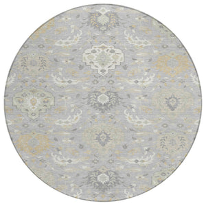HomeRoots 5' Elegant Gray Ivory and Gold Damask Area Rug - Durable, Washable Design for Indoor and Outdoor Use 8' Round 599420