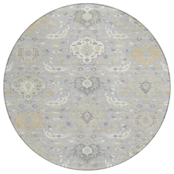HomeRoots 5' Elegant Gray Ivory and Gold Damask Area Rug - Durable, Washable Design for Indoor and Outdoor Use 8' Round 599420