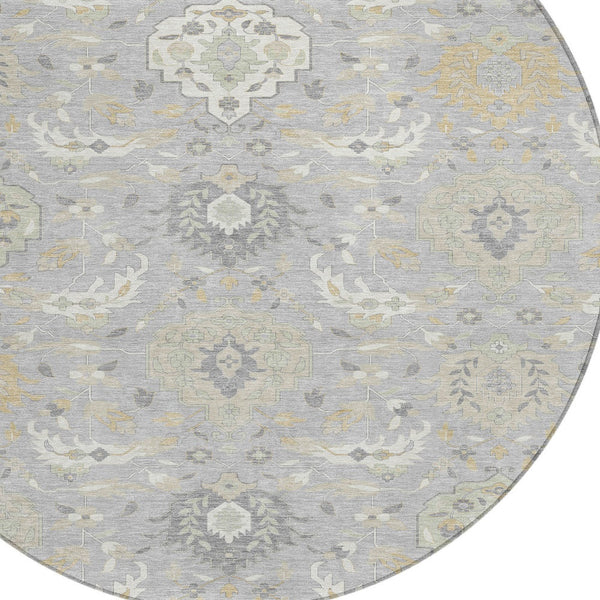 Homeroots 3' Artichoke Green Brown Ivory Damask Washable Area Rug For Indoor Outdoor Spaces, Durable Design 8' Round Polyester 599420