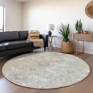 Homeroots 3' Artichoke Green Brown Ivory Damask Washable Area Rug For Indoor Outdoor Spaces, Durable Design 8' Round Polyester 599420