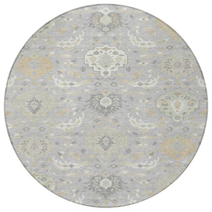 Homeroots 3' Artichoke Green Brown Ivory Damask Washable Area Rug For Indoor Outdoor Spaces, Durable Design 8' Round Polyester 599420