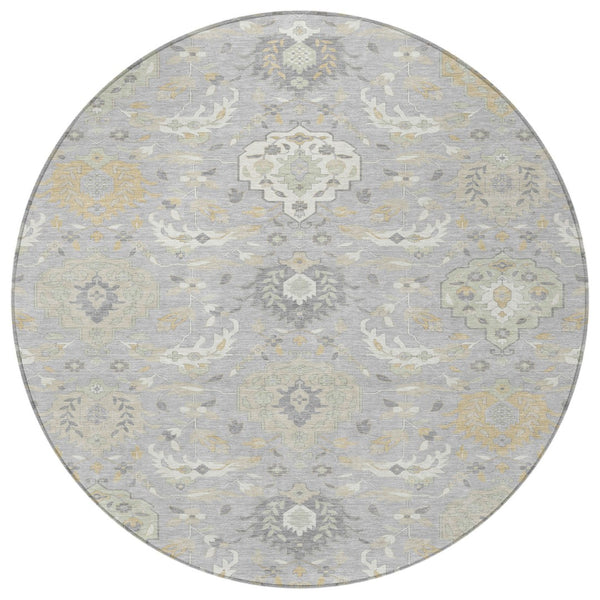 Homeroots 3' Artichoke Green Brown Ivory Damask Washable Area Rug For Indoor Outdoor Spaces, Durable Design 8' Round Polyester 599420