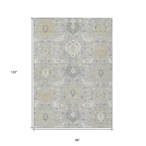 Homeroots 3' Artichoke Green Brown Ivory Damask Washable Area Rug For Indoor Outdoor Spaces, Durable Design 8' X 10' Polyester 599421