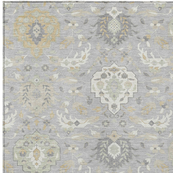 Homeroots 3' Artichoke Green Brown Ivory Damask Washable Area Rug For Indoor Outdoor Spaces, Durable Design 8' X 10' Polyester 599421