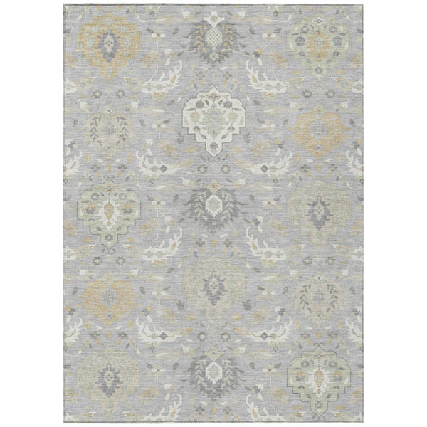 HomeRoots 9' Elegant Gray, Ivory & Gold Damask Washable Area Rug - Durable for Indoor & Outdoor Use! 599422