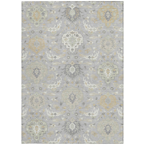 Homeroots 3' Artichoke Green Brown Ivory Damask Washable Area Rug For Indoor Outdoor Spaces, Durable Design 9' X 12' Polyester 599422