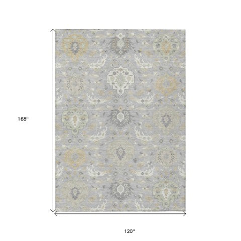 Homeroots 3' Artichoke Green Brown Ivory Damask Washable Area Rug For Indoor Outdoor Spaces, Durable Design 10' X 14' Polyester 599423