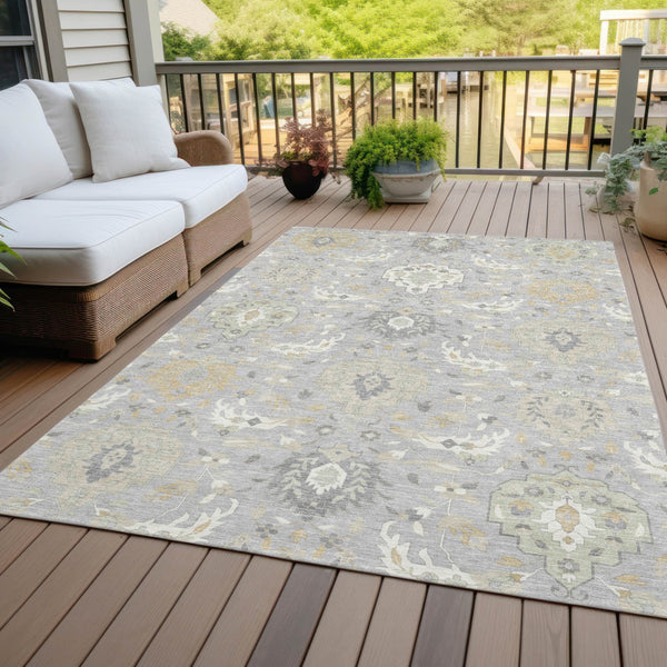 Homeroots 3' Artichoke Green Brown Ivory Damask Washable Area Rug For Indoor Outdoor Spaces, Durable Design 10' X 14' Polyester 599423
