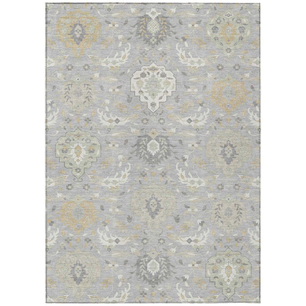 HomeRoots 5' Elegant Gray Ivory and Gold Damask Area Rug - Durable, Washable Design for Indoor and Outdoor Use 10' X 14' 599423