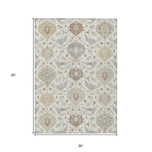 Homeroots 3' Artichoke Green Brown Ivory Damask Washable Area Rug For Indoor Outdoor Spaces, Durable Design 3' X 5' Polyester 599424