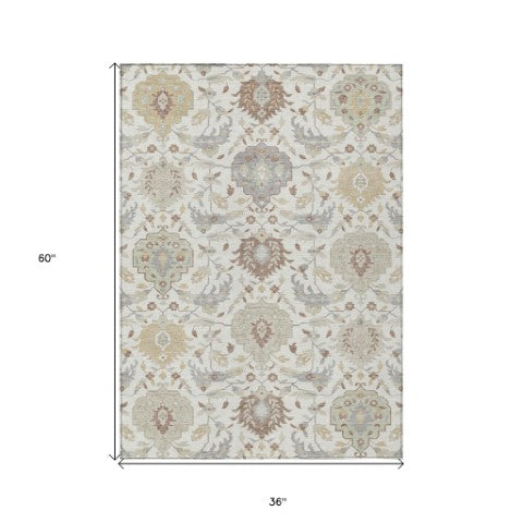 Homeroots 3' Artichoke Green Brown Ivory Damask Washable Area Rug For Indoor Outdoor Spaces, Durable Design 3' X 5' Polyester 599424
