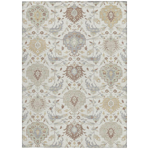 Homeroots 3' Artichoke Green Brown Ivory Damask Washable Area Rug For Indoor Outdoor Spaces, Durable Design 5' X 8' Polyester 599425