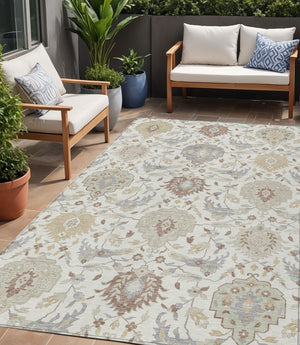 Homeroots 3' Artichoke Green Brown Ivory Damask Washable Area Rug For Indoor Outdoor Spaces, Durable Design 5' X 8' Polyester 599425