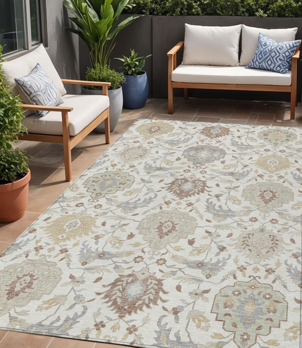 Homeroots 3' Artichoke Green Brown Ivory Damask Washable Area Rug For Indoor Outdoor Spaces, Durable Design 5' X 8' Polyester 599425