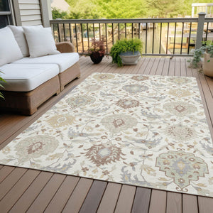 Homeroots 3' Artichoke Green Brown Ivory Damask Washable Area Rug For Indoor Outdoor Spaces, Durable Design 5' X 8' Polyester 599425