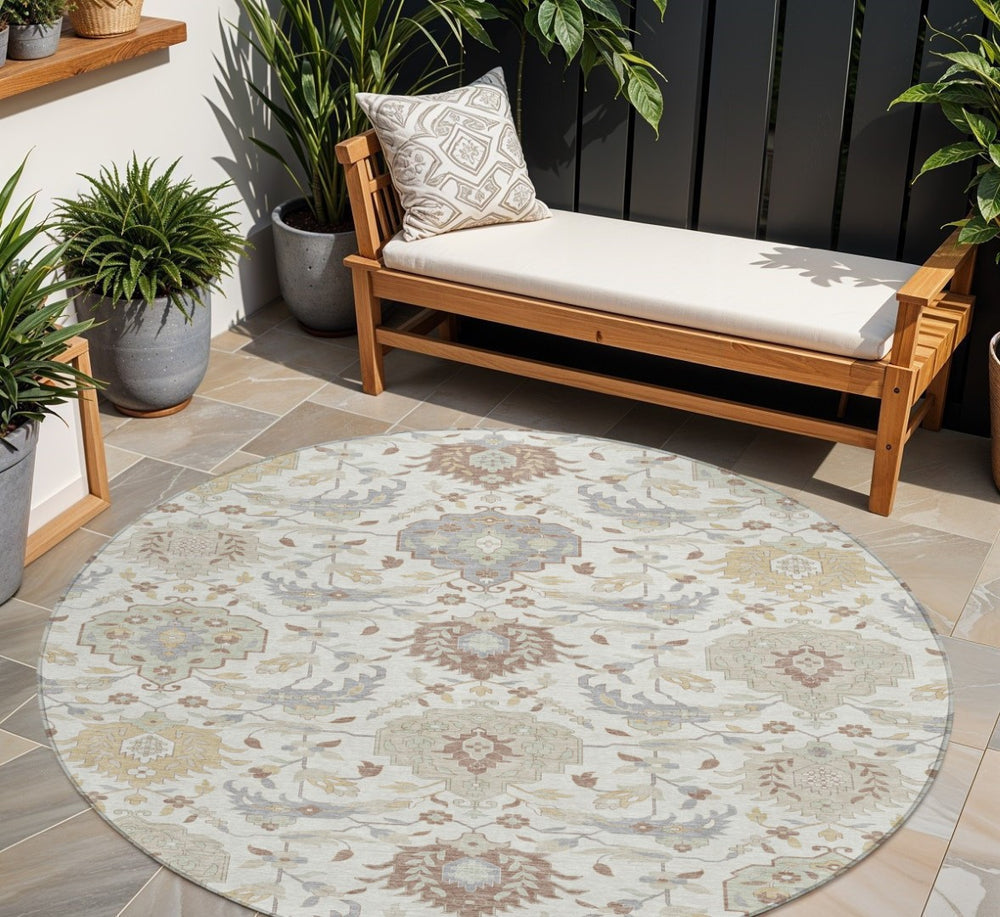 HomeRoots 5' Stylish Ivory Brown and Gray Damask Washable Rug for Indoor and Outdoor High-Traffic Areas 8' Round 599426