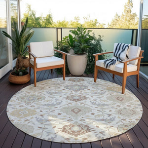 Homeroots 3' Artichoke Green Brown Ivory Damask Washable Area Rug For Indoor Outdoor Spaces, Durable Design 8' Round Polyester 599426