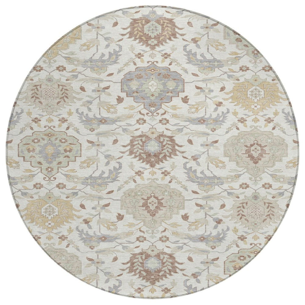 HomeRoots 5' Stylish Ivory Brown and Gray Damask Washable Rug for Indoor and Outdoor High-Traffic Areas 8' Round 599426