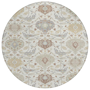 HomeRoots 5' Stylish Ivory Brown and Gray Damask Washable Rug for Indoor and Outdoor High-Traffic Areas 8' Round 599426