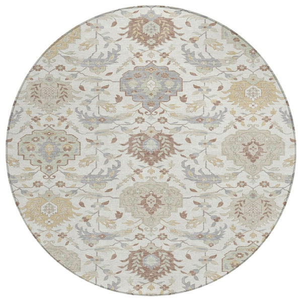 HomeRoots 5' Stylish Ivory Brown and Gray Damask Washable Rug for Indoor and Outdoor High-Traffic Areas 8' Round 599426