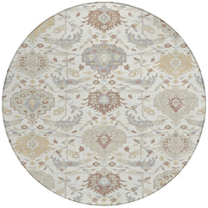 Homeroots 3' Artichoke Green Brown Ivory Damask Washable Area Rug For Indoor Outdoor Spaces, Durable Design 8' Round Polyester 599426