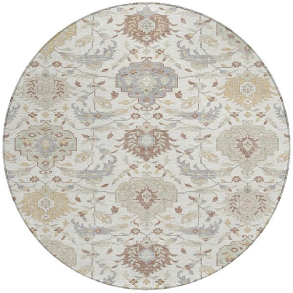 Homeroots 3' Artichoke Green Brown Ivory Damask Washable Area Rug For Indoor Outdoor Spaces, Durable Design 8' Round Polyester 599426