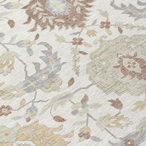 Homeroots 3' Artichoke Green Brown Ivory Damask Washable Area Rug For Indoor Outdoor Spaces, Durable Design 8' Round Polyester 599426