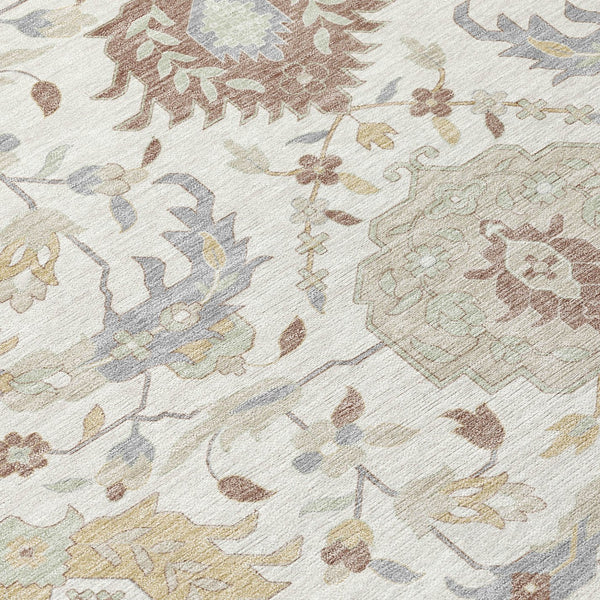 Homeroots 3' Artichoke Green Brown Ivory Damask Washable Area Rug For Indoor Outdoor Spaces, Durable Design 8' Round Polyester 599426