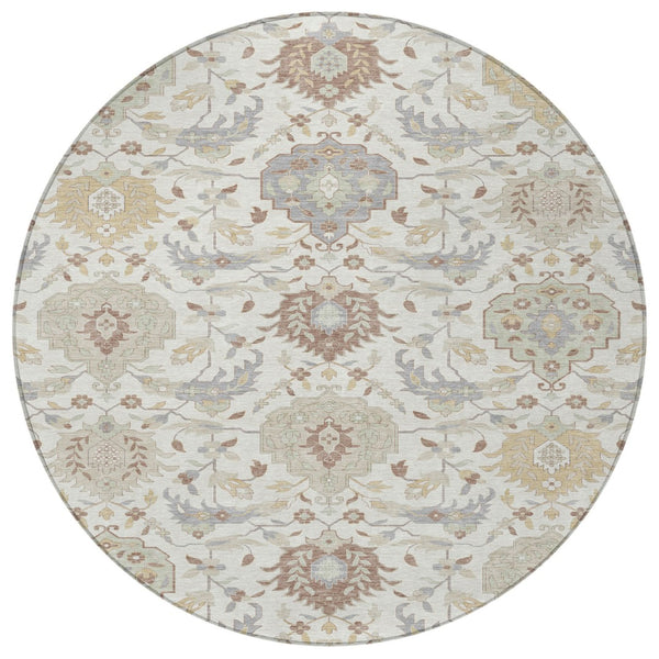 Homeroots 3' Artichoke Green Brown Ivory Damask Washable Area Rug For Indoor Outdoor Spaces, Durable Design 8' Round Polyester 599426