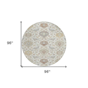 Homeroots 3' Artichoke Green Brown Ivory Damask Washable Area Rug For Indoor Outdoor Spaces, Durable Design 8' Round Polyester 599426