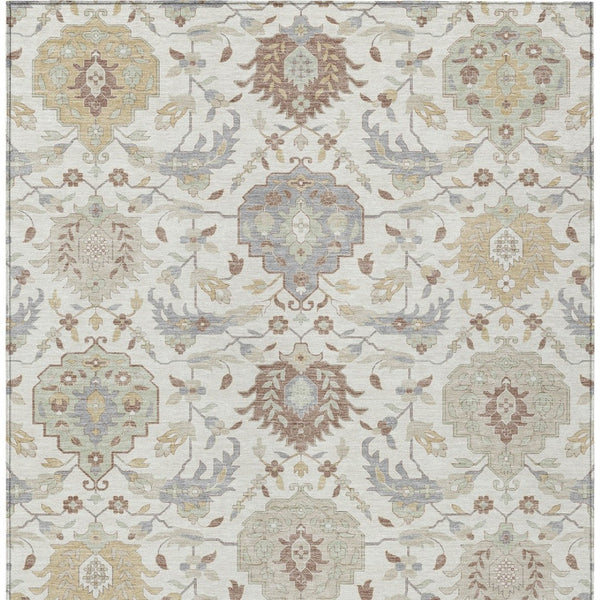 Homeroots 3' Artichoke Green Brown Ivory Damask Washable Area Rug For Indoor Outdoor Spaces, Durable Design 8' X 10' Polyester 599427