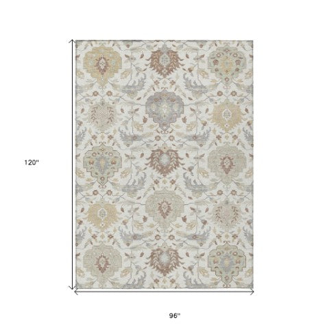 Homeroots 3' Artichoke Green Brown Ivory Damask Washable Area Rug For Indoor Outdoor Spaces, Durable Design 8' X 10' Polyester 599427
