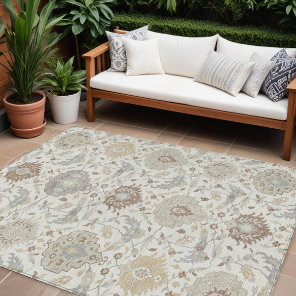Homeroots 3' Artichoke Green Brown Ivory Damask Washable Area Rug For Indoor Outdoor Spaces, Durable Design 8' X 10' Polyester 599427