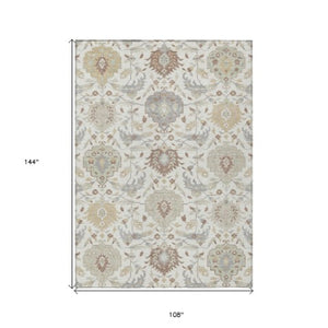Homeroots 3' Artichoke Green Brown Ivory Damask Washable Area Rug For Indoor Outdoor Spaces, Durable Design 9' X 12' Polyester 599428