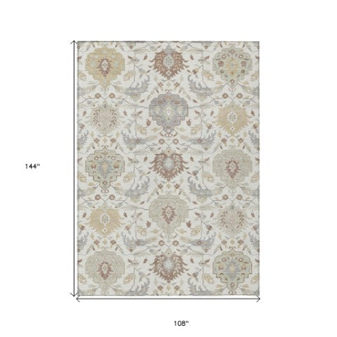 Homeroots 3' Artichoke Green Brown Ivory Damask Washable Area Rug For Indoor Outdoor Spaces, Durable Design 9' X 12' Polyester 599428