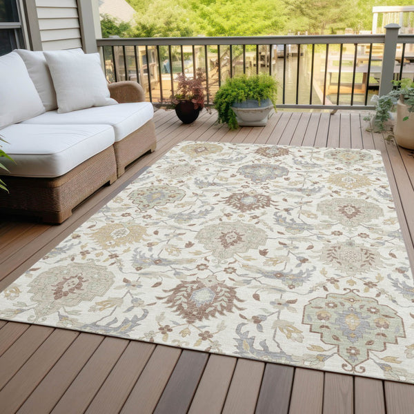 Homeroots 3' Artichoke Green Brown Ivory Damask Washable Area Rug For Indoor Outdoor Spaces, Durable Design 9' X 12' Polyester 599428