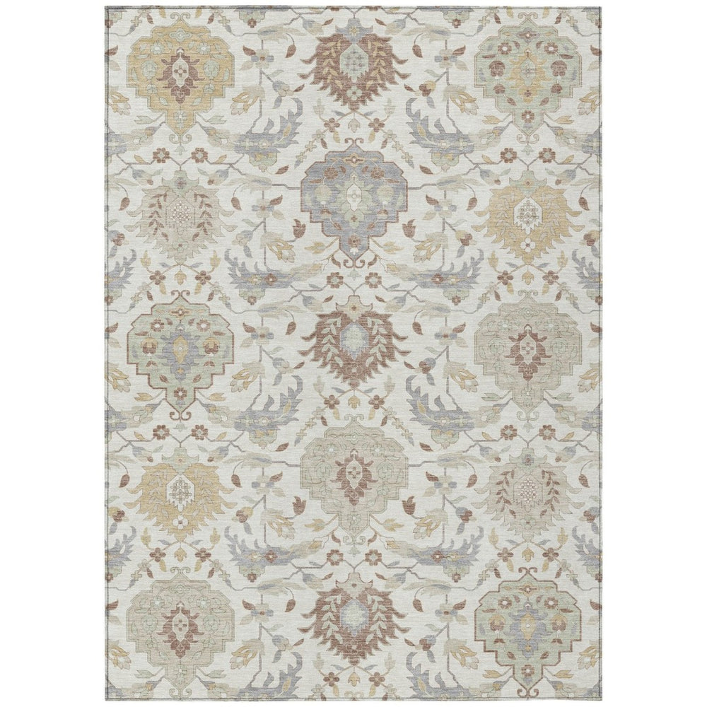 HomeRoots 9' Elegant Damask Area Rug in Ivory, Brown & Gray – Washable, Durable for Indoor/Outdoor Use! 599428
