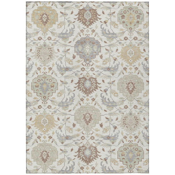 HomeRoots 9' Elegant Damask Area Rug in Ivory, Brown & Gray – Washable, Durable for Indoor/Outdoor Use! 599428