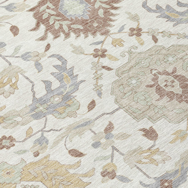 Homeroots 3' Artichoke Green Brown Ivory Damask Washable Area Rug For Indoor Outdoor Spaces, Durable Design 9' X 12' Polyester 599428